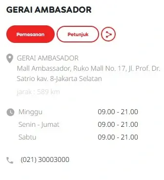 Alamat Gerai Indosat Ambasador Jakarta Selatan di Mall Ambassador, Ruko Mall No. 17, Jl. Prof. Dr. Satrio kav. 8-Jakarta Selatan