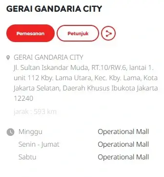 Alamat Gerai Indosat Gandaria City Jakarta Selatan di Jl. Sultan Iskandar Muda, RT.10/RW.6, lantai 1. unit 112 Kby. Lama Utara, Kec. Kby. Lama, Kota Jakarta Selatan, Daerah Khusus Ibukota Jakarta 12240