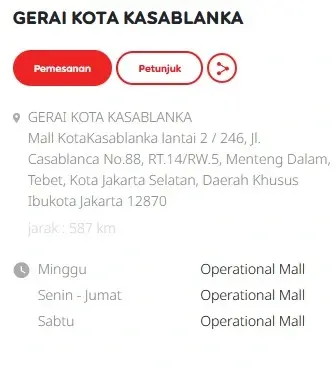 Alamat Gerai Indosat Kota Kasablanka Jakarta Selatan di Mall Kota Kasablanka lantai 2 / 246, Jl. Casablanca No.88, RT.14/RW.5, Menteng Dalam, Tebet, Kota Jakarta Selatan, Daerah Khusus Ibukota Jakarta 12870