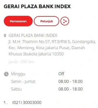 Alamat Gerai Indosat Plaza Bank Index Jakarta Pusat di Jl. M.H. Thamrin No.57, RT.9/RW.5, Gondangdia, Kec. Menteng, Kota Jakarta Pusat, Daerah Khusus Ibukota Jakarta 10350