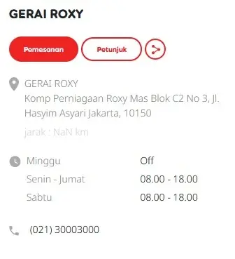 Alamat Gerai Roxy Jakarta Pusat di Komp Perniagaan Roxy Mas Blok C2 No 3, Jl. Hasyim Asyari Jakarta, 10150